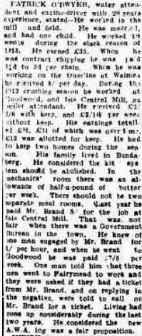 An article in the Brisbane Courier, in 1914, with the evidence of Patrick O'Dwyer in a special sitting of the Industrial Court at Bundaberg.