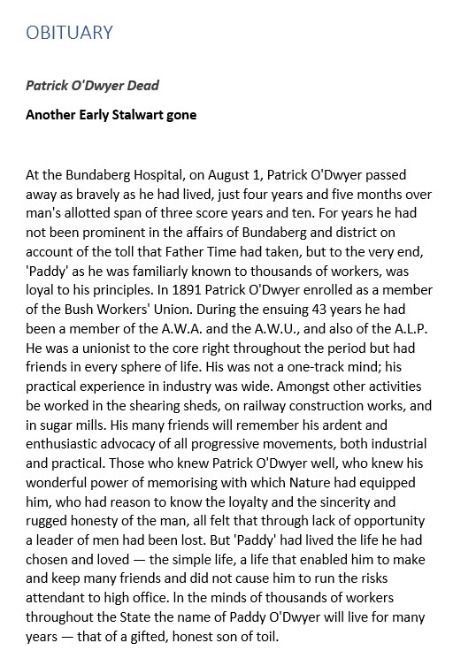 Patrick O'Dwyer's obituary in 1934, published in The Worker.