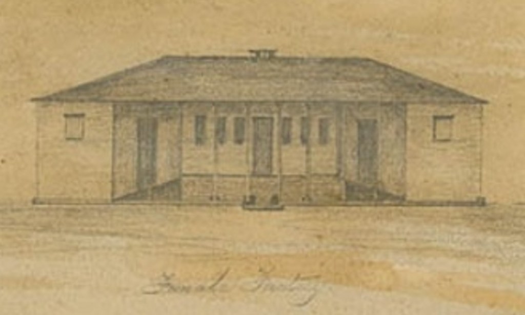 1832 Pencil sketch of the Female Factory building, showing the building from the front, but not the walls around the structure. State Archives Qld.