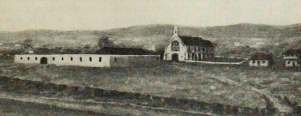 Detail of image from the 1850s, showing the Brisbane Gaol, old St Stephen's Cathedral and Queen Street