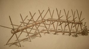 Pen and ink drawing of a cheval de frise, a spiked wooden adornment for battlements and gaol walls