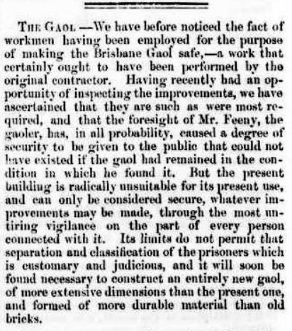 Extract of an article in the Moreton Bay Courier in May 1850, pointing out the deficiencies of the Queen St Gaol.