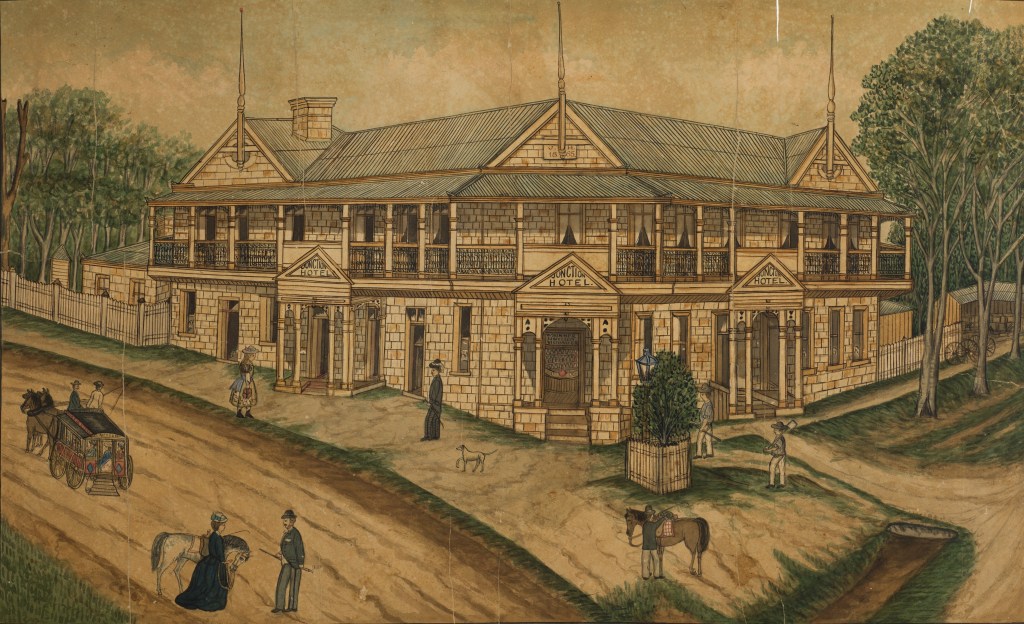 A watercolour painting by Charles Gordon Sebastian Hirst. The painting depicts the rebuilt Junction Hotel (the property of Mr J. Neil) on the corner of Ipswich and Boggo Roads, Brisbane. The watercolour shows a more elegant scene than the 1875 sketch, as a horsedrawn carriage pulls up, a well-dressed couple converse near a grazing horse, a little girl walks past on the footpath, a man walks his dog, and two workmen approach the door to the hotel from another direction.