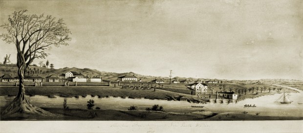 Henry Boucher Bowerman's watercolour illustration of Brisbane Town in 1835. It shows the original convict settlement viewed from the south bank of the Brisbane River.