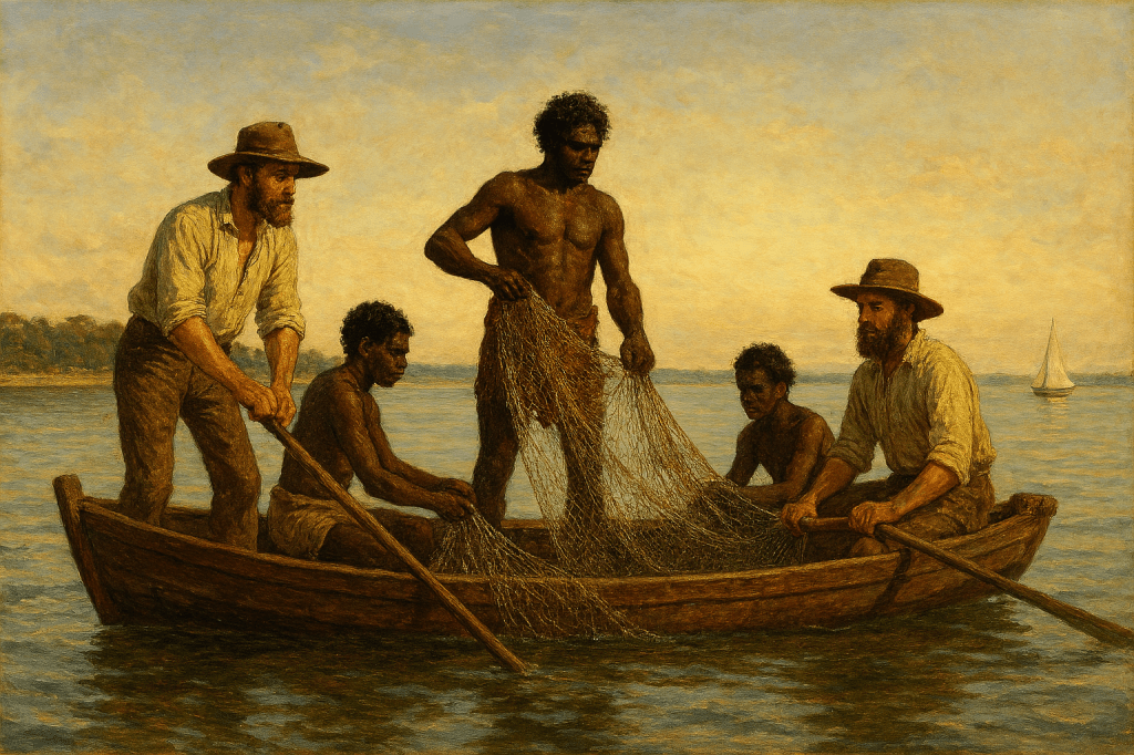 This image is an AI-generated oil painting style image of two European and three Indigenous men fishing with nets from a rowboat in Moreton Bay in the 1850s.