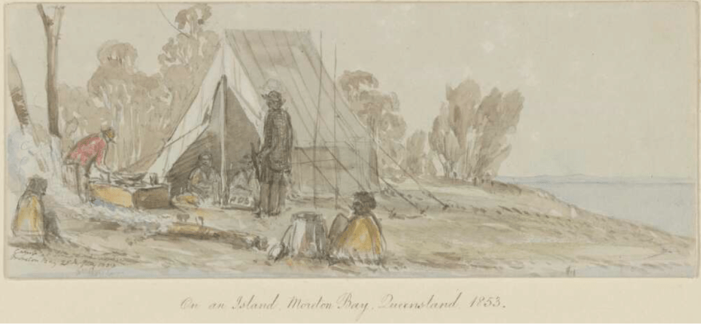 This image is a watercolour showing a group of European and Indigenous men at a campsite, with a large tent and a firepit. It shows what conditions Timothy Duffy and his indigenous fishermen experienced when camping out on the Bay overnight.