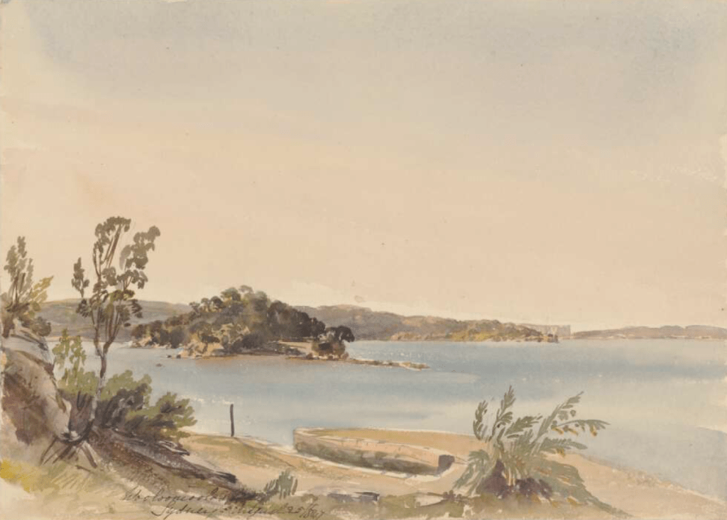 This gallery depicts two views of the Sydney suburb of Woolloomooloo in the 1840s. The images are watercolour paintings, showing a small settlement by a harbour.