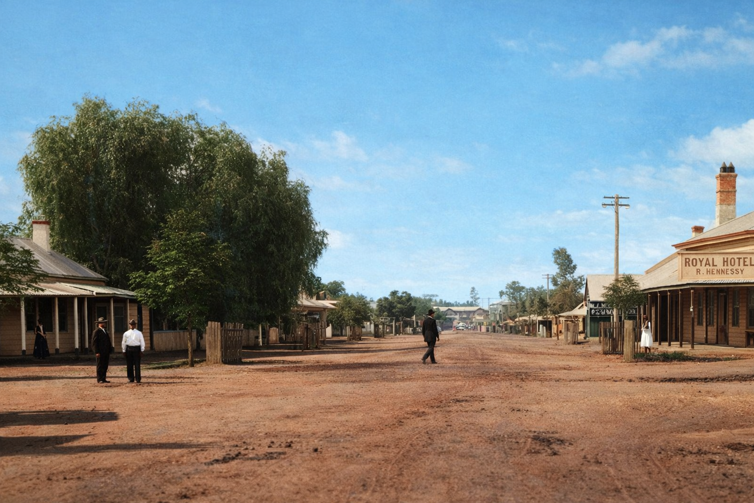 View of the town of Charleville in 1906, showing a wide dirt road lined with trees.
