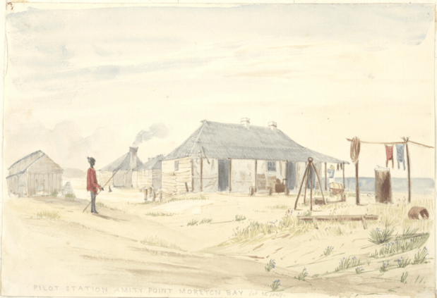 Watercolour painting of Pilot's Station at Amity Point dated 24 October 1847. It is the only image of the original pilot station, and shows a group of small timber cottages on sand dunes, a frame showing flags, and there is a figure in the foreground standing with a fishing rod.