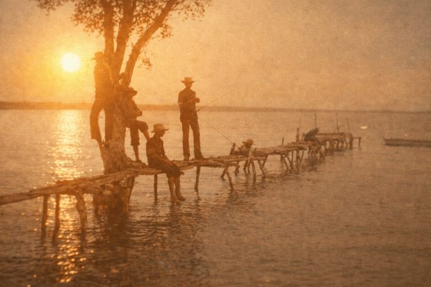 This image shows a group of men and boys fishing from a rough wooden jetty off Stradbroke Island, taken at sunset.