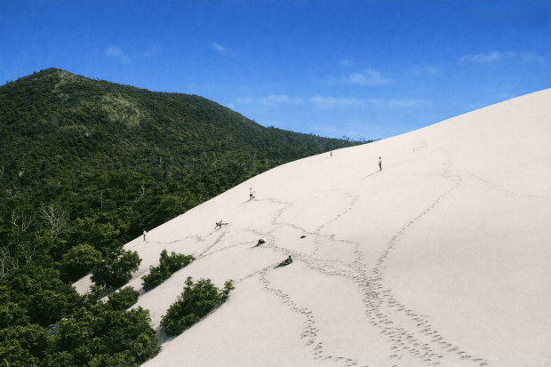 This image shows large sand dunes on Stradbroke Island. There are thickly wooded hills in the background, and enormous white sand dunes in the foreground. It features a number of people and the tracks they have made in the dunes.