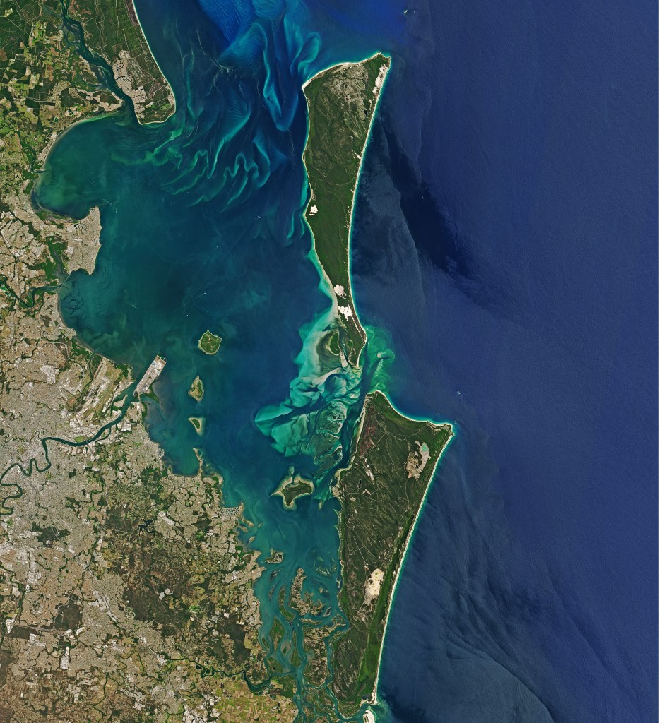 Satellite photo of Moreton Bay showing the complex sandbanks between Moreton and Stradbroke Islands.